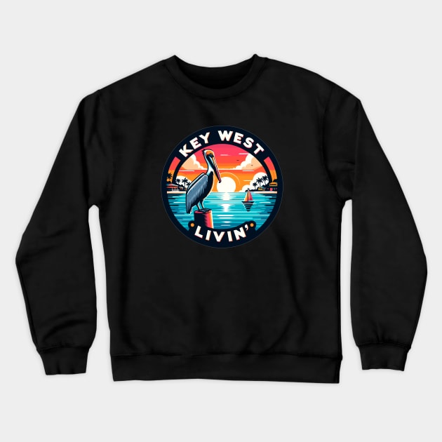 Key West Livin' - Tropical Pelican Scene In Key West Crewneck Sweatshirt by eighttwentythreetees